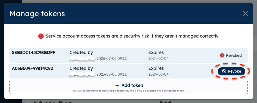 [Image] Create service account access token step 2/2